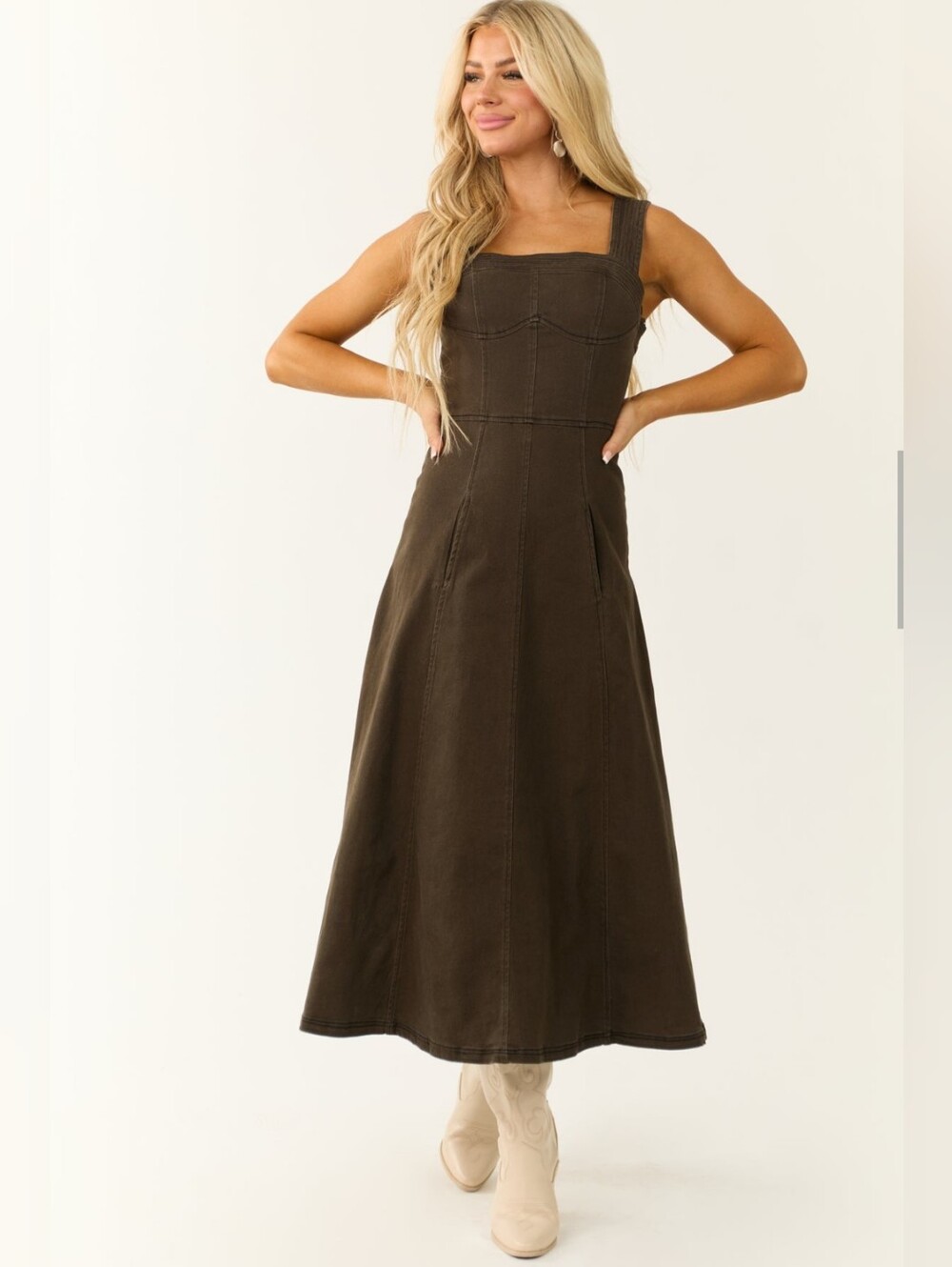 NWT: Olive Green Denim Thick Strap Midi Dress - Size S